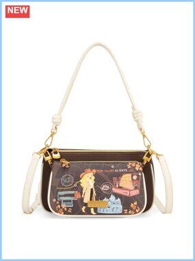 2-in-1 PU Leather Shoulder Bag Set Cityscape Print Crossbody Detachable Strap
